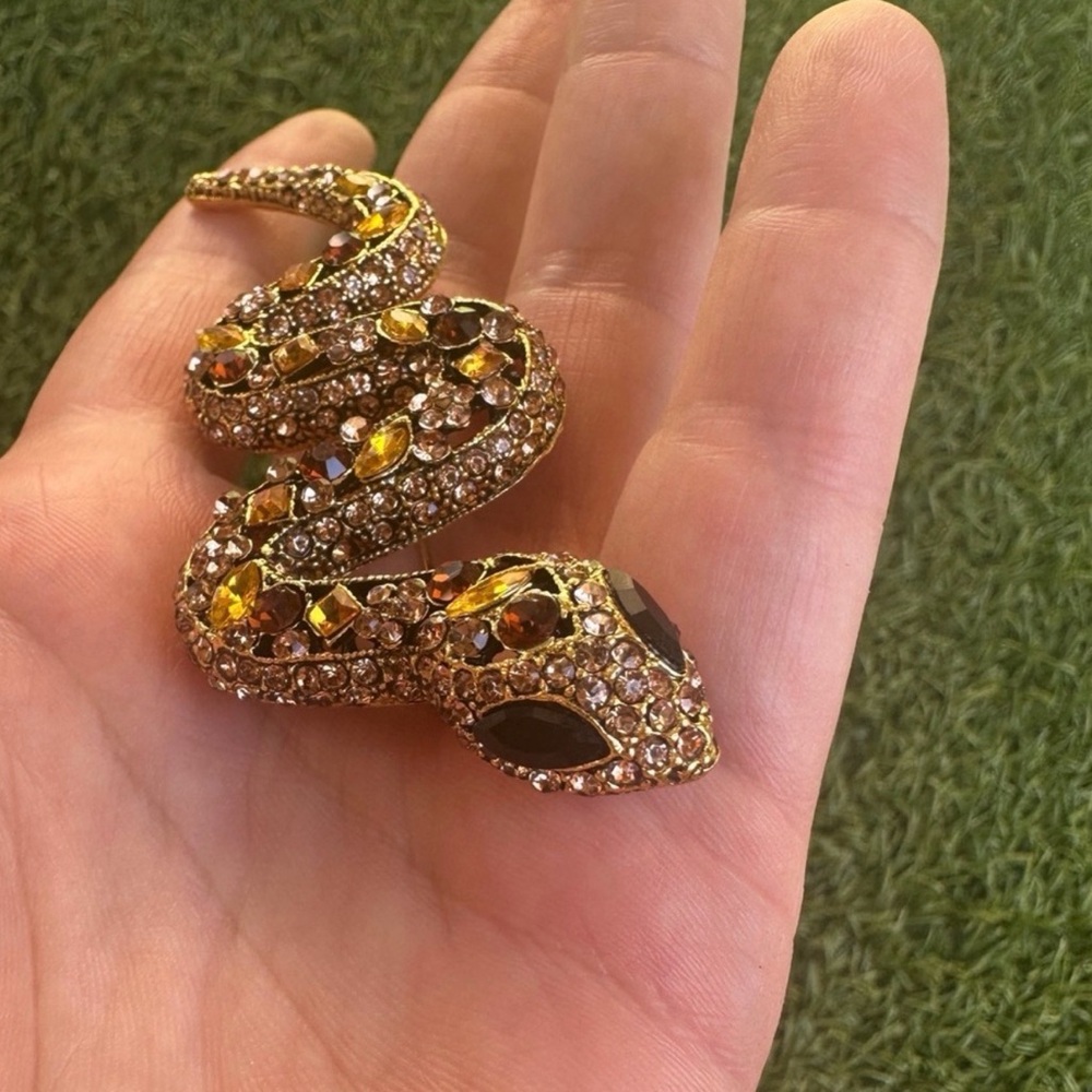 Snake Brooch with Red Amber Crystals Serpent Brooch - Picture 2 of 3